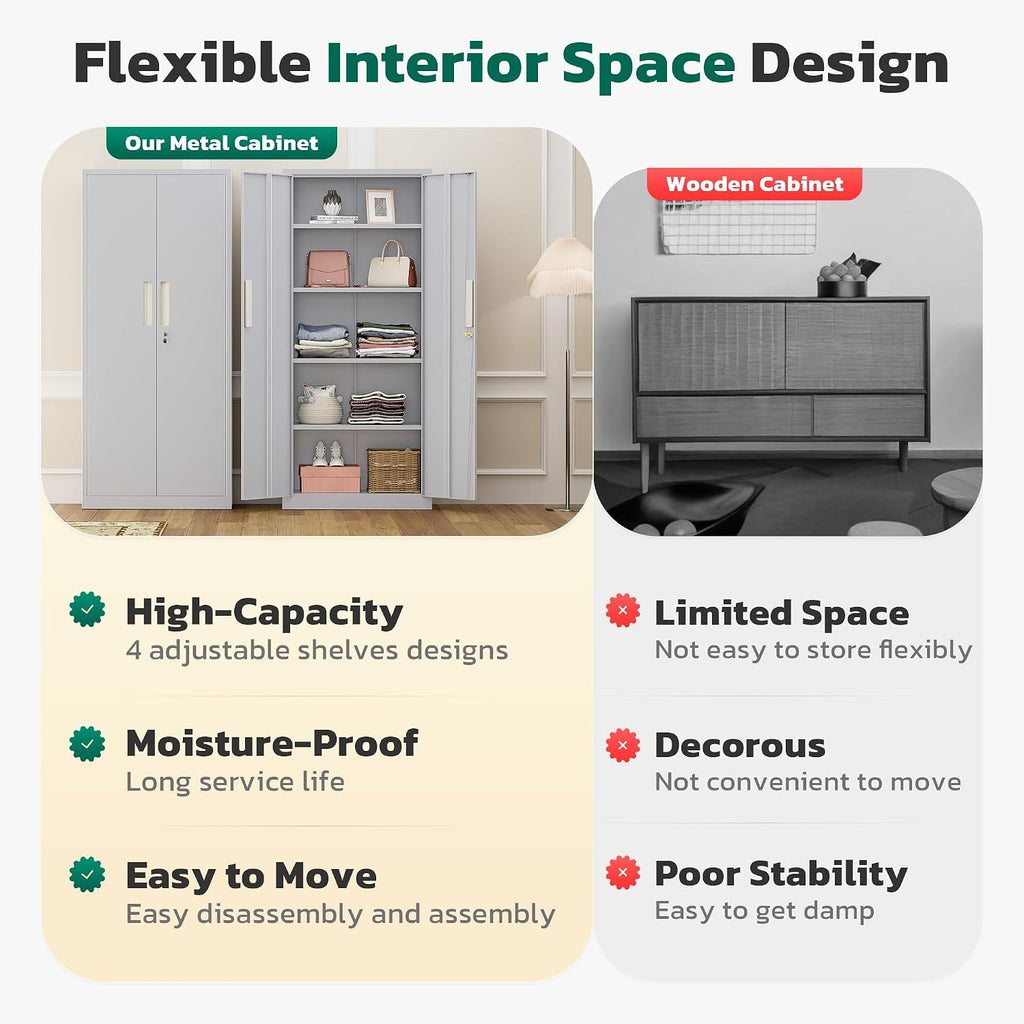 Greenvelly 63' H Metal Storage Cabinet Dark Grey, Locking Metal Cabinet, Store Tools, Clothes, Tableware and Toiletries, Garage Cabinets with Adjustable Shelves for Office, Home, Garage, Pantry