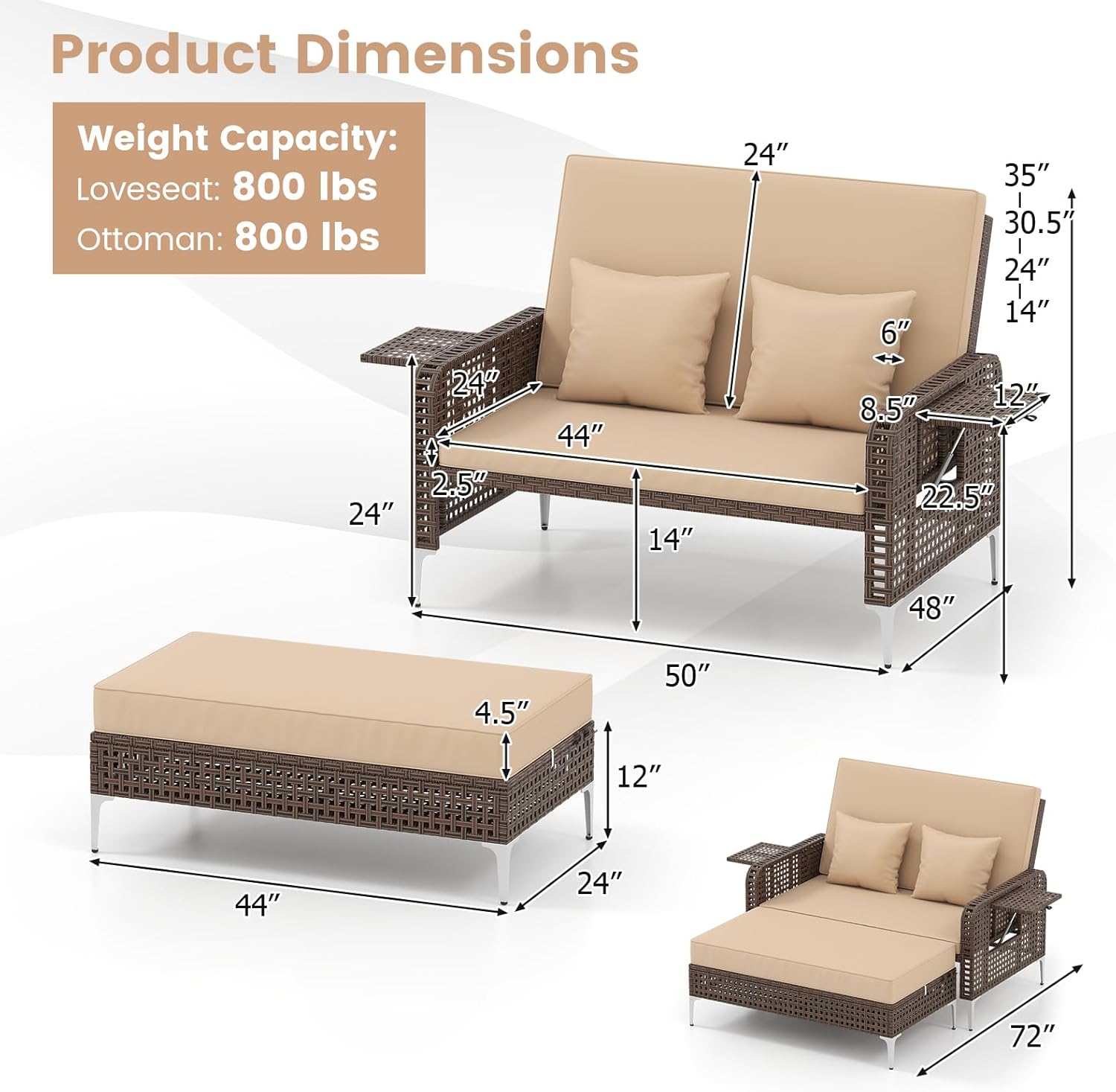 Tangkula Patio Rattan Daybed with 4-Level Adjustable Backrest, Boho Outdoor Wicker Loveseat & Storage Ottoman with Cushion, 2-Person Sun Lounger with Folding Tables for Poolside, Backyard & Garden