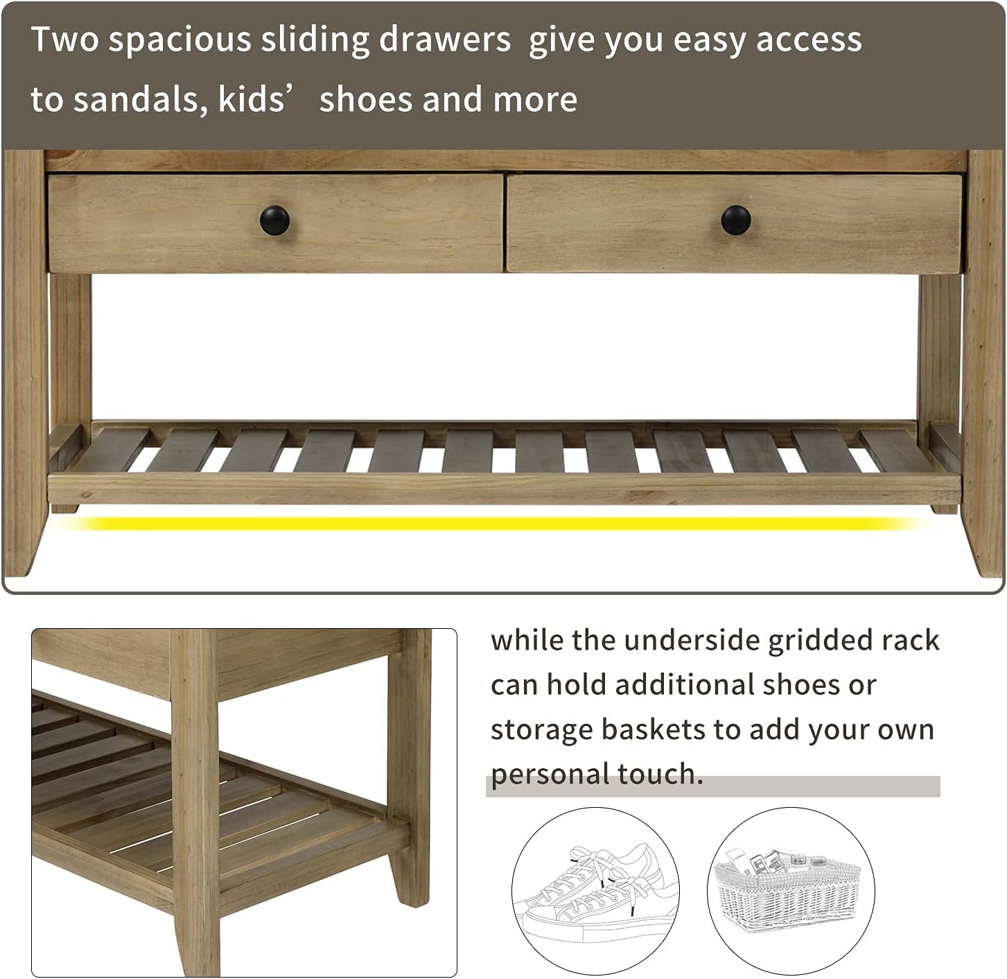 Harper & Bright Designs TREXM Shoe Rack with Cushioned Seat and Drawers, Multipurpose Entryway Storage Bench (Gray Wash)
