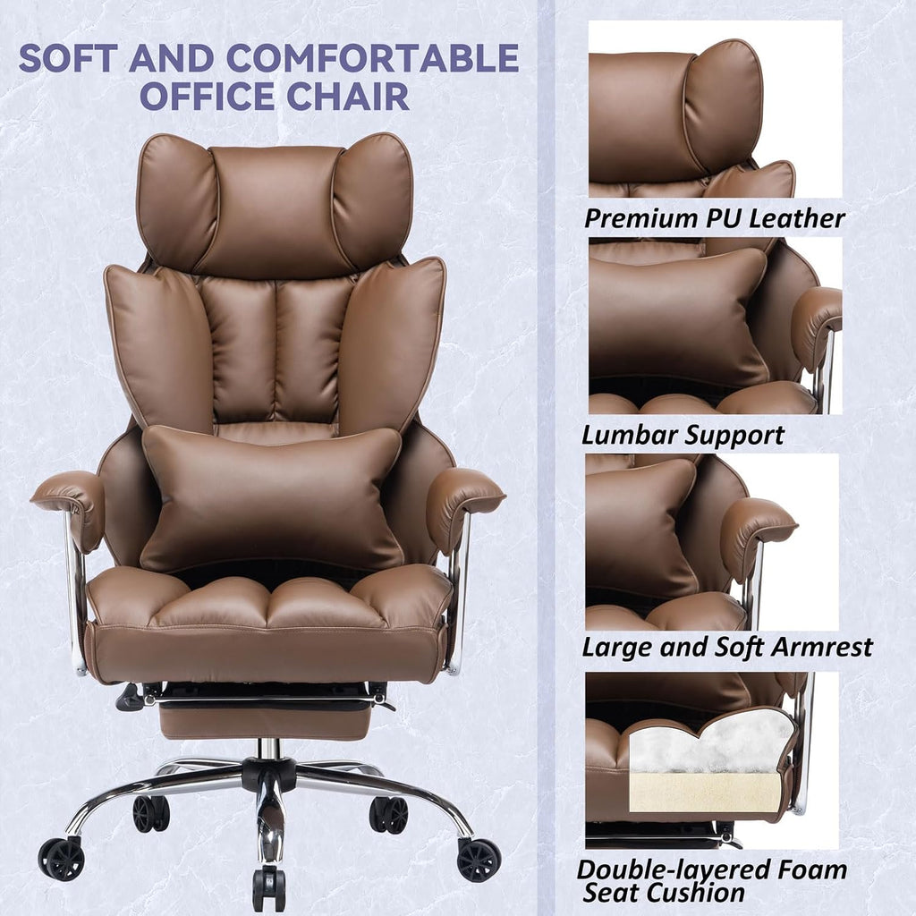 Efomao Executive Office Chair for Heavy People, High Back Chair with Foot Rest, Height Adjustable PU Leather Office Chair,Big and Tall Office Chair, Matte Brown Office Chair