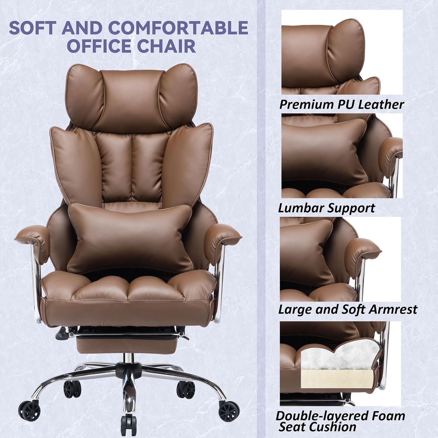 Efomao Executive Office Chair for Heavy People, High Back Chair with Foot Rest, Height Adjustable PU Leather Office Chair,Big and Tall Office Chair, Matte Brown Office Chair