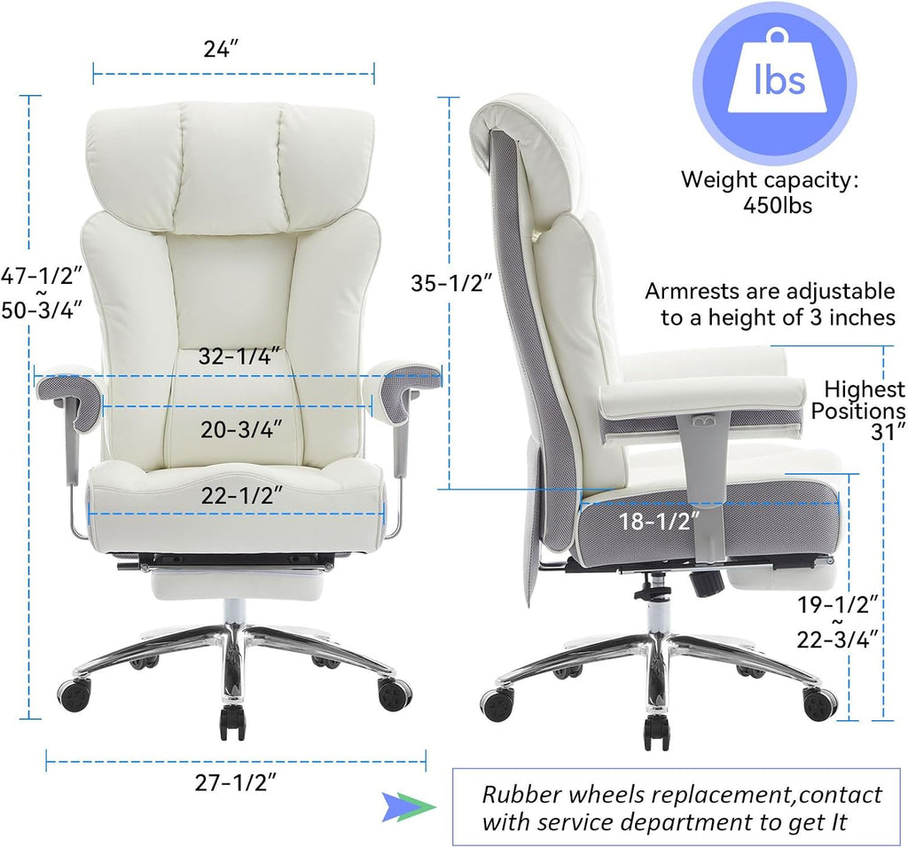 Efomao Big and Tall Office Chair 400lbs - Heavy Duty Executive Desk Chair with Foot Rest & 23' Wide Seat - High Back Ergonomic Leather Computer Chair for Heavy People, Home Office, White