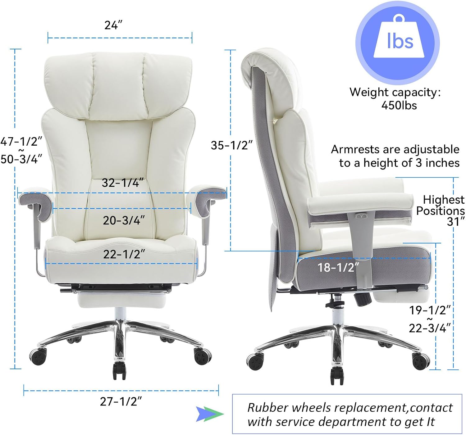 Efomao Big and Tall Office Chair 400lbs - Heavy Duty Executive Desk Chair with Foot Rest & 23' Wide Seat - High Back Ergonomic Leather Computer Chair for Heavy People, Home Office, White