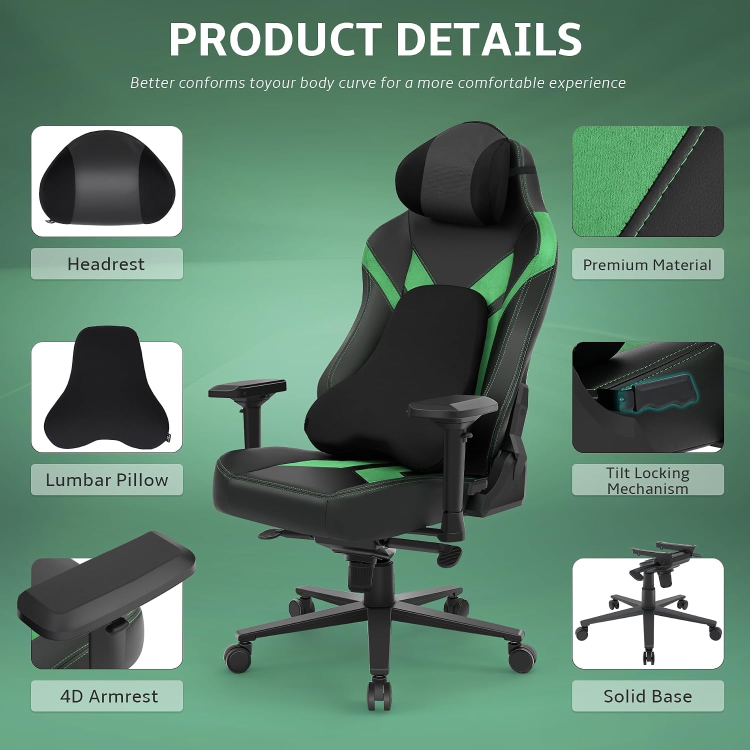 Ergonomic Gaming Chair, Wyrdforging Computer Desk Chairs, 4D Armrests, High Back Office Chair With Headrest & Lumbar Pillow, Tilt Rocker Recliner, Heavy-Duty Base, Black PU Leather & Green Suede Combo