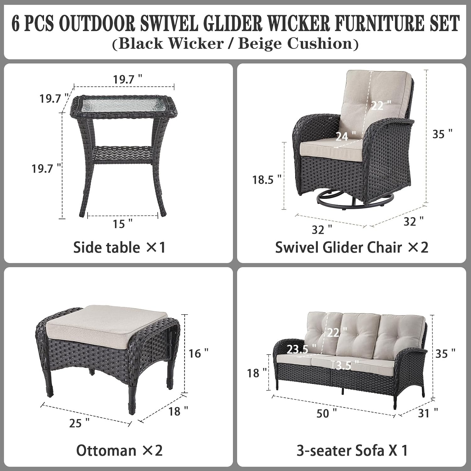 Belord 6 Pieces Wicker Patio Furniture Set - Swivel Rocker Outdoor Chairs with Outdoor Couch and Side Table, All-Weather Patio Conversation Set for Sunroom Deck Backyard Black