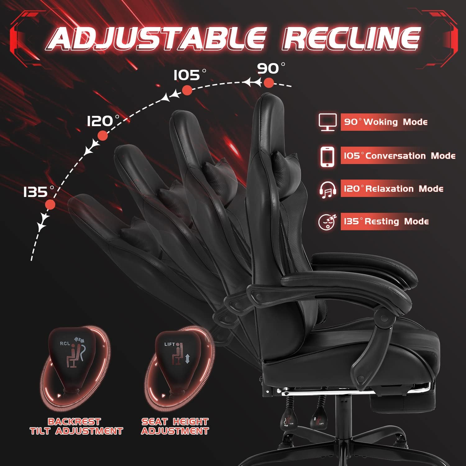 Shahoo Gaming Chair, Video Gaming Chair with Footrest and Lumbar Support, Ergonomic Computer Chairs with 360° Swivel and Height Adjustable, Spin Chair with Headrest for Home Office, Study Room (Black)