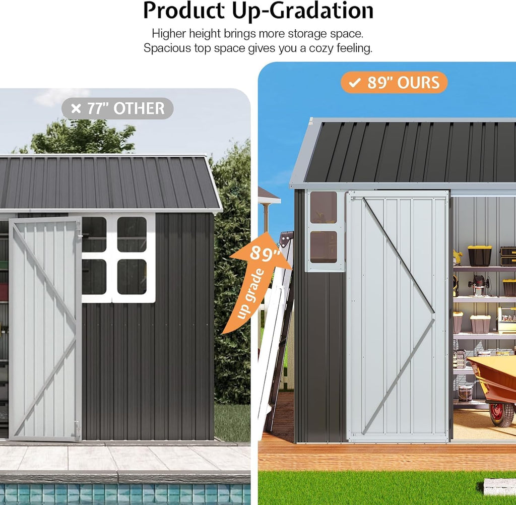 Jocisland 8.5x7.1x7.5 FT Outdoor Storage Shed, Lockable Double Hinged Doors and 4 Vents, Metal Shed for Backyard Storage, Dark Black/White