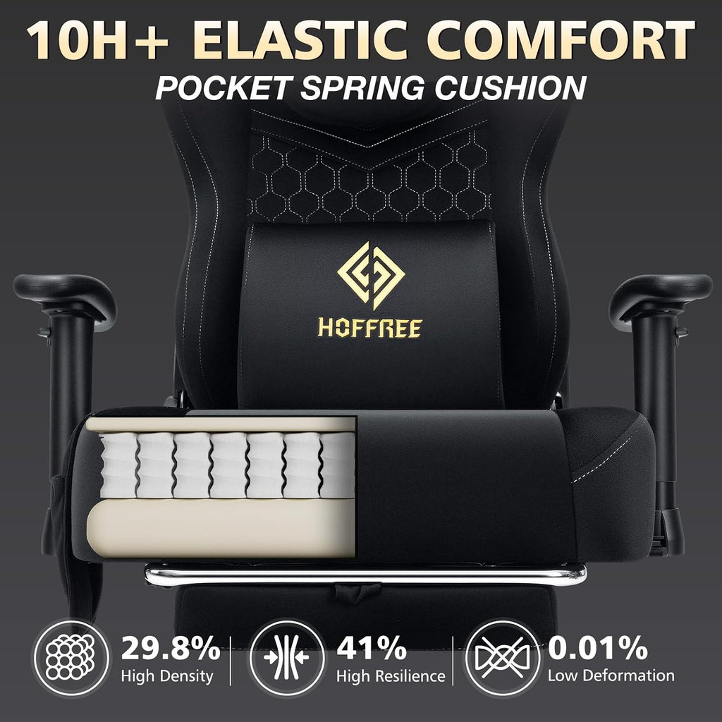 HOFFREE Gaming Chair with Speakers Bluetooth Massage Gaming Chairs for Adults Suede Fabric 165° Reclining Ergonomic Computer Chairs with Footrest Pocket Spring Cushion High Back Gamer Chair Black