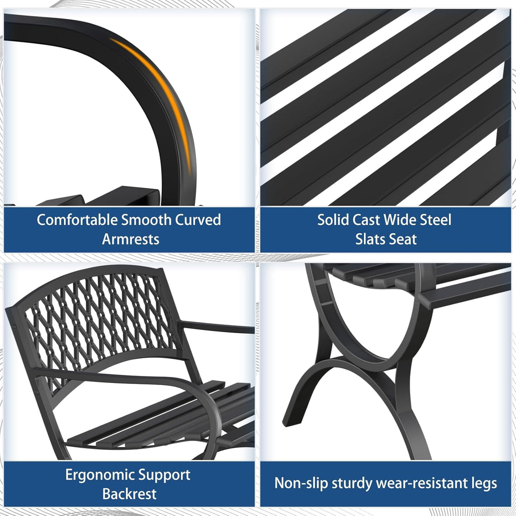 Outdoor Bench Garden Benchs, Weatherproof Anti-Rust Heavy-Duty Outside Bench Clearance, Wrought Iron Metal Bench for Front Porch, Patio, Park, Ergonomic Backrest, Slatted Seat