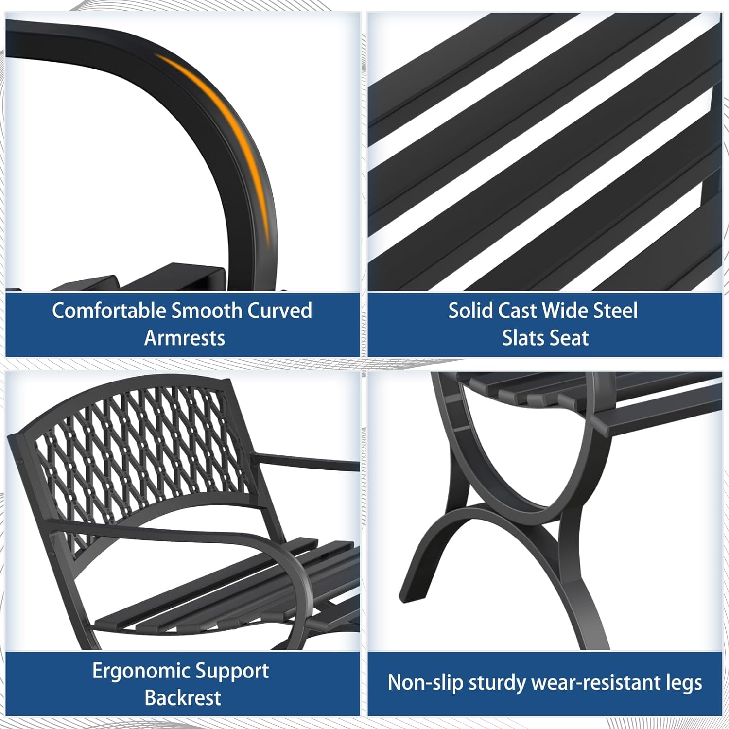 Outdoor Bench Garden Benchs, Weatherproof Anti-Rust Heavy-Duty Outside Bench Clearance, Wrought Iron Metal Bench for Front Porch, Patio, Park, Ergonomic Backrest, Slatted Seat