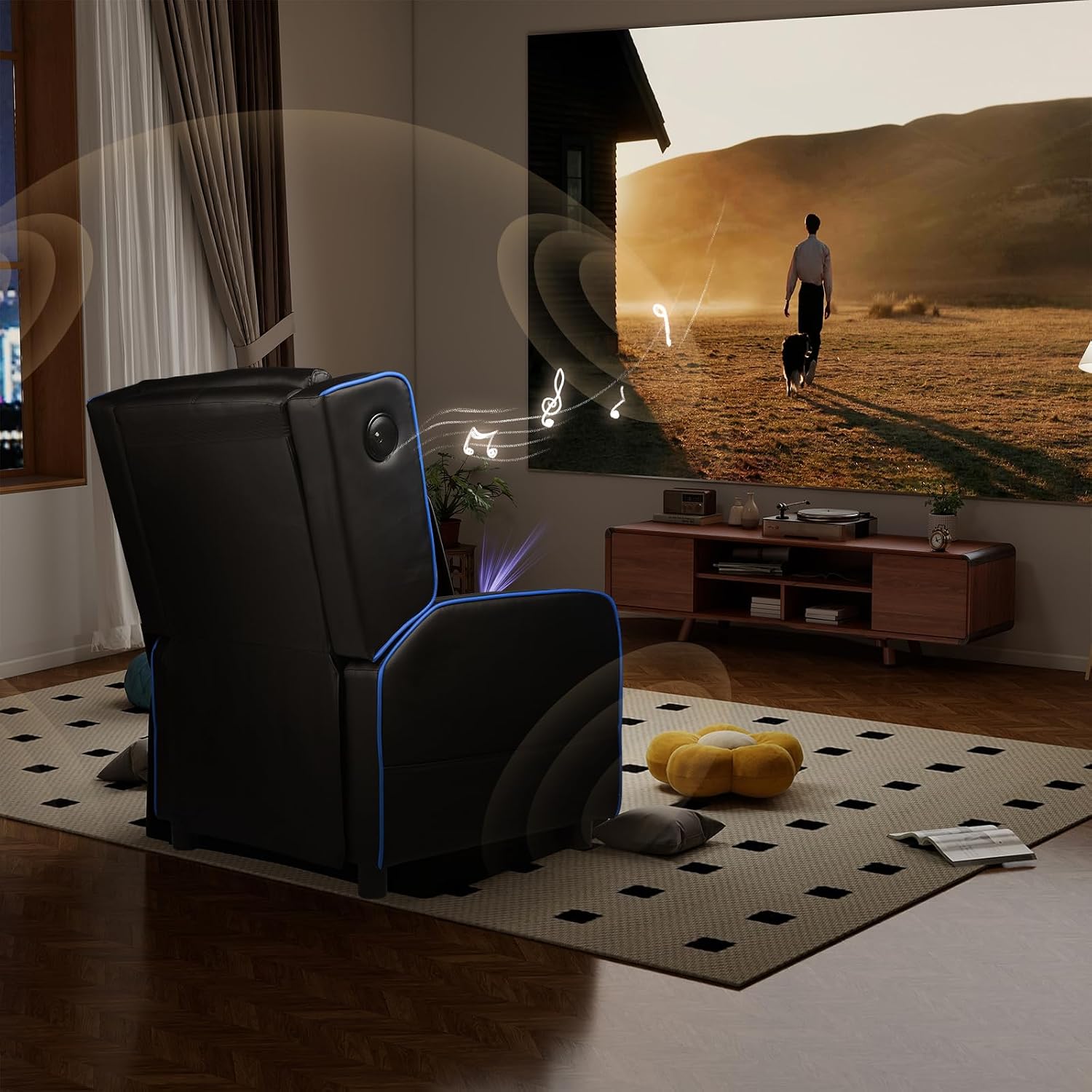 GTPLAYER Gaming Recliner Chair with Bluetooth Speakers Racing Style Single Gaming Sofa Modern Living Room Recliners Ergonomic Comfortable Massage Home Theater Seating, Blue