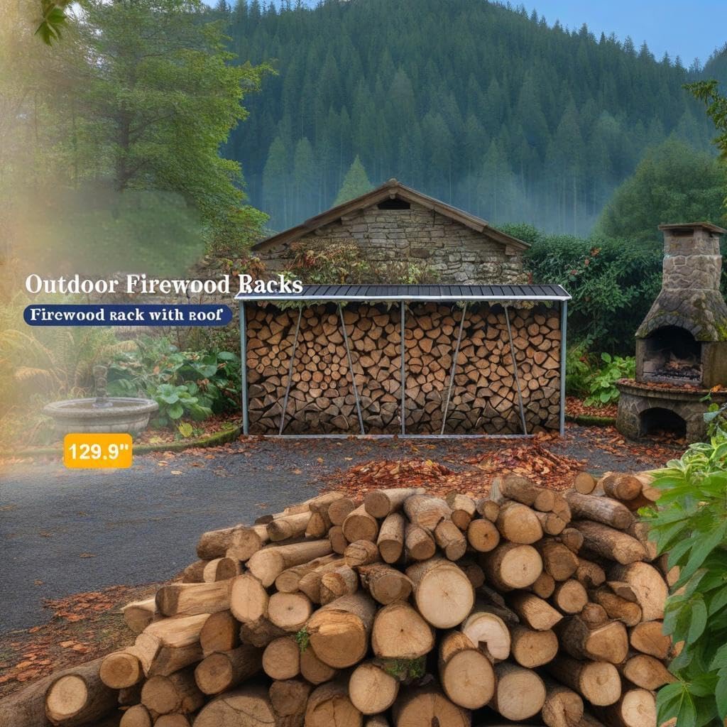 Outdoor Firewood Racks 129.9', Firewood Storage Shed, Wood Sheds, Firewood Shelter, Log Holder with Roof
