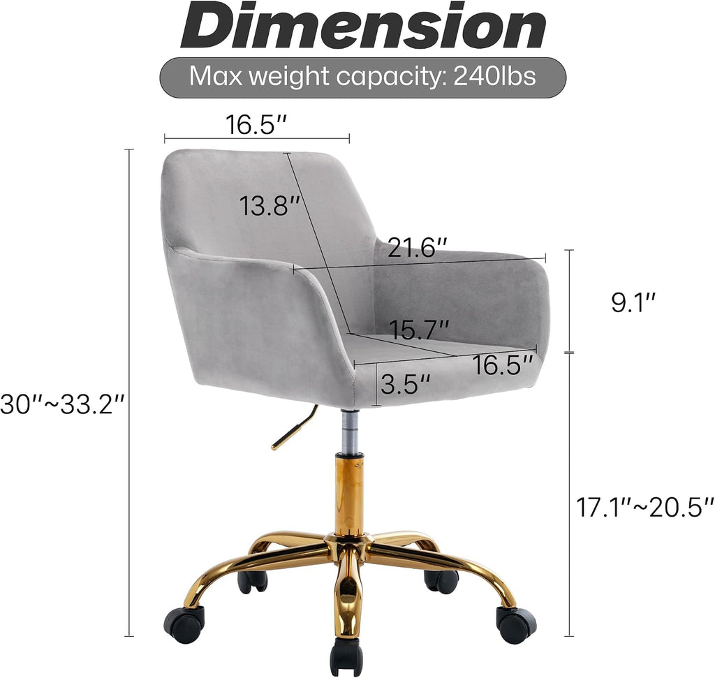 KCC Velvet Office Desk Chair, Comfy Swivel Modern Leisure Armchair with Wheels, Upholstered Comfy Velvet Fabric Makeup Chair Height Adjustable for Teens Women Girls Elegant Home Office, Gray