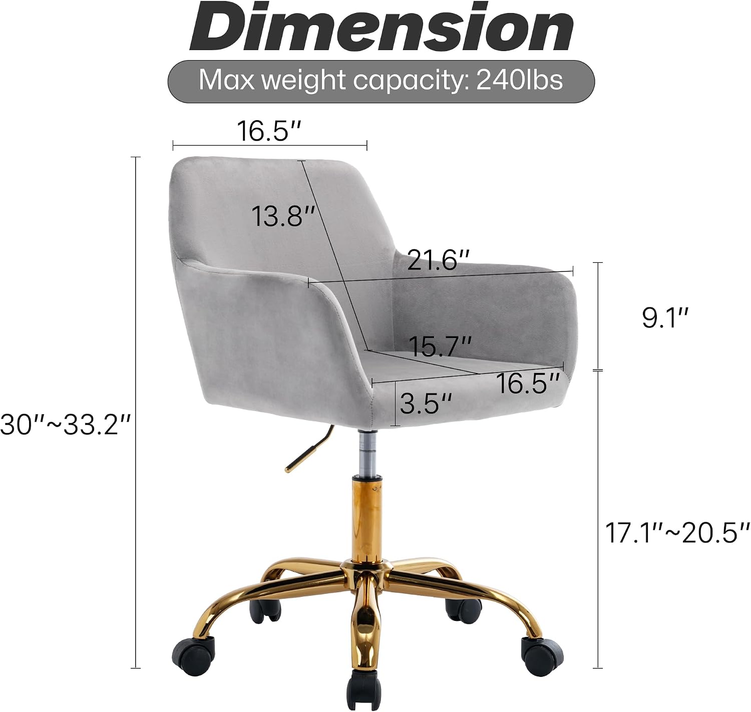 KCC Velvet Office Desk Chair, Comfy Swivel Modern Leisure Armchair with Wheels, Upholstered Comfy Velvet Fabric Makeup Chair Height Adjustable for Teens Women Girls Elegant Home Office, Gray