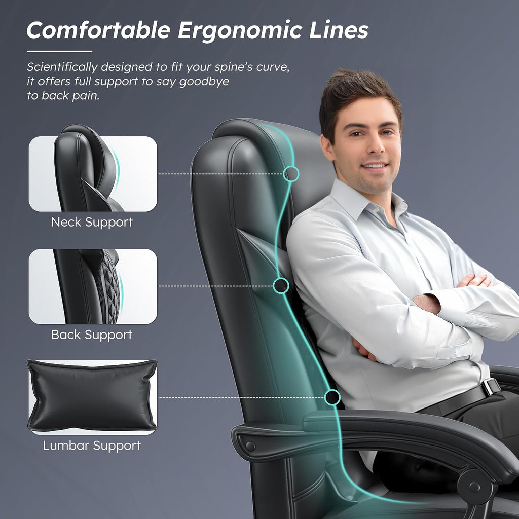 Big and Tall Office Chair 400lbs - Executive Ergonomic Desk Chair with Footrest, High Back Reclining Leather Chair with Lumbar Support for Home Office, Black