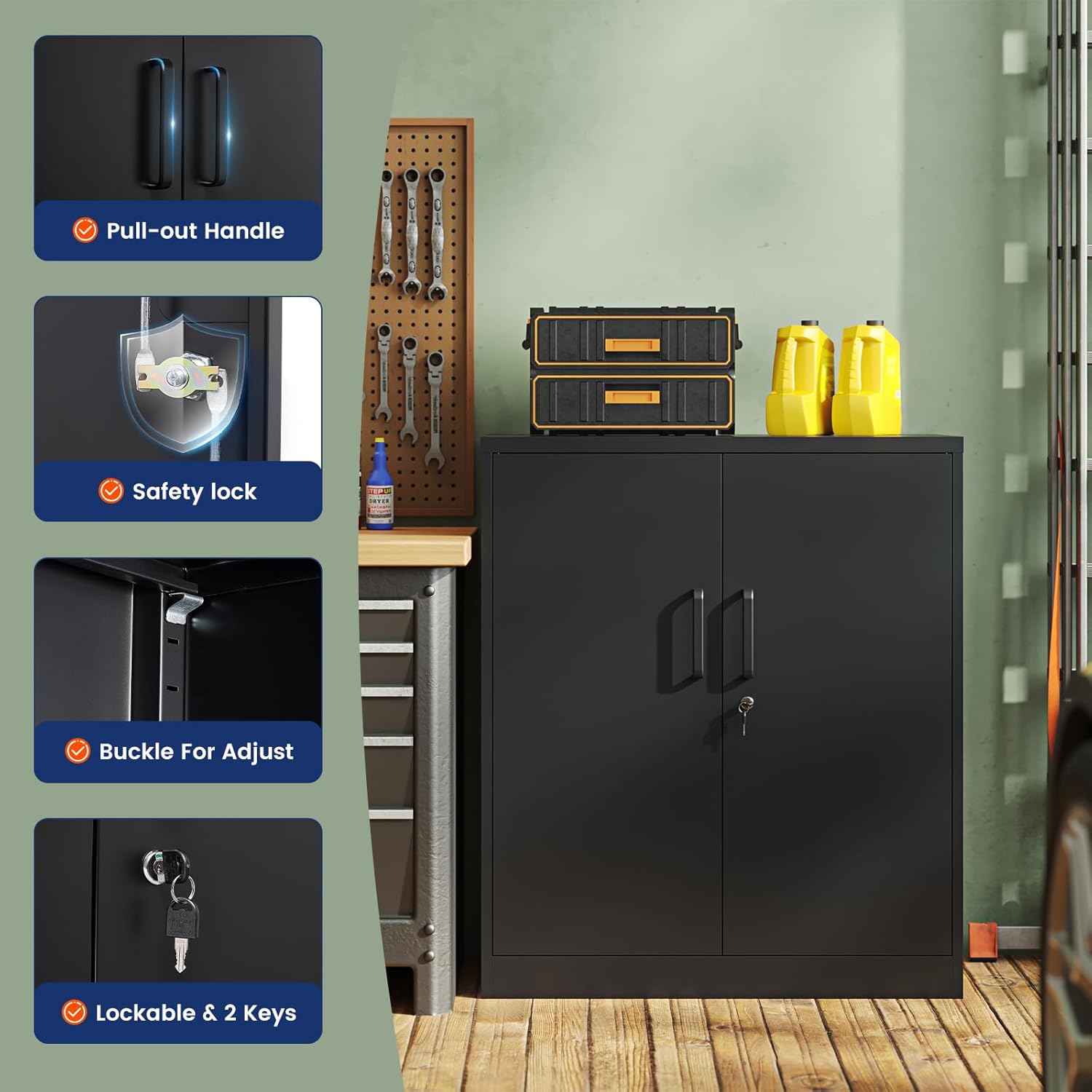 Yizosh Metal Garage Storage Cabinet with 2 Doors and 2 Adjustable Shelves - 35.5' Steel Lockable File Counter Cabinet for Home Office,Garage,Gym,School（Black）