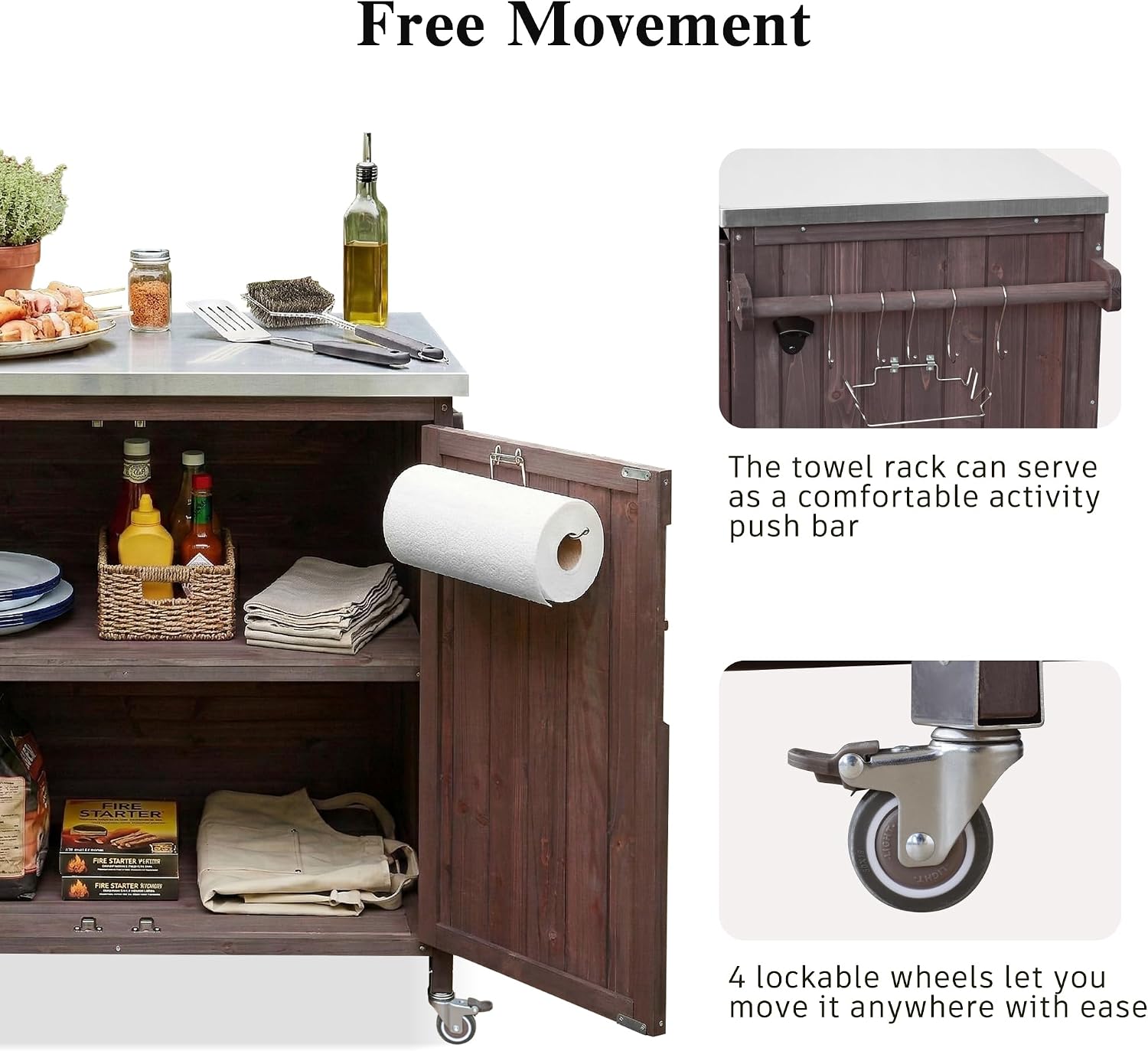 LUMISOL Outdoor Rolling Kitchen Cart with Stainless Steel Top, 42.1' Grill Cart with Adjustable Shelf and 4 Wheels, Farmhouse Kitchen Island with Side Shelf and Storage Cabinet, Dark Brown