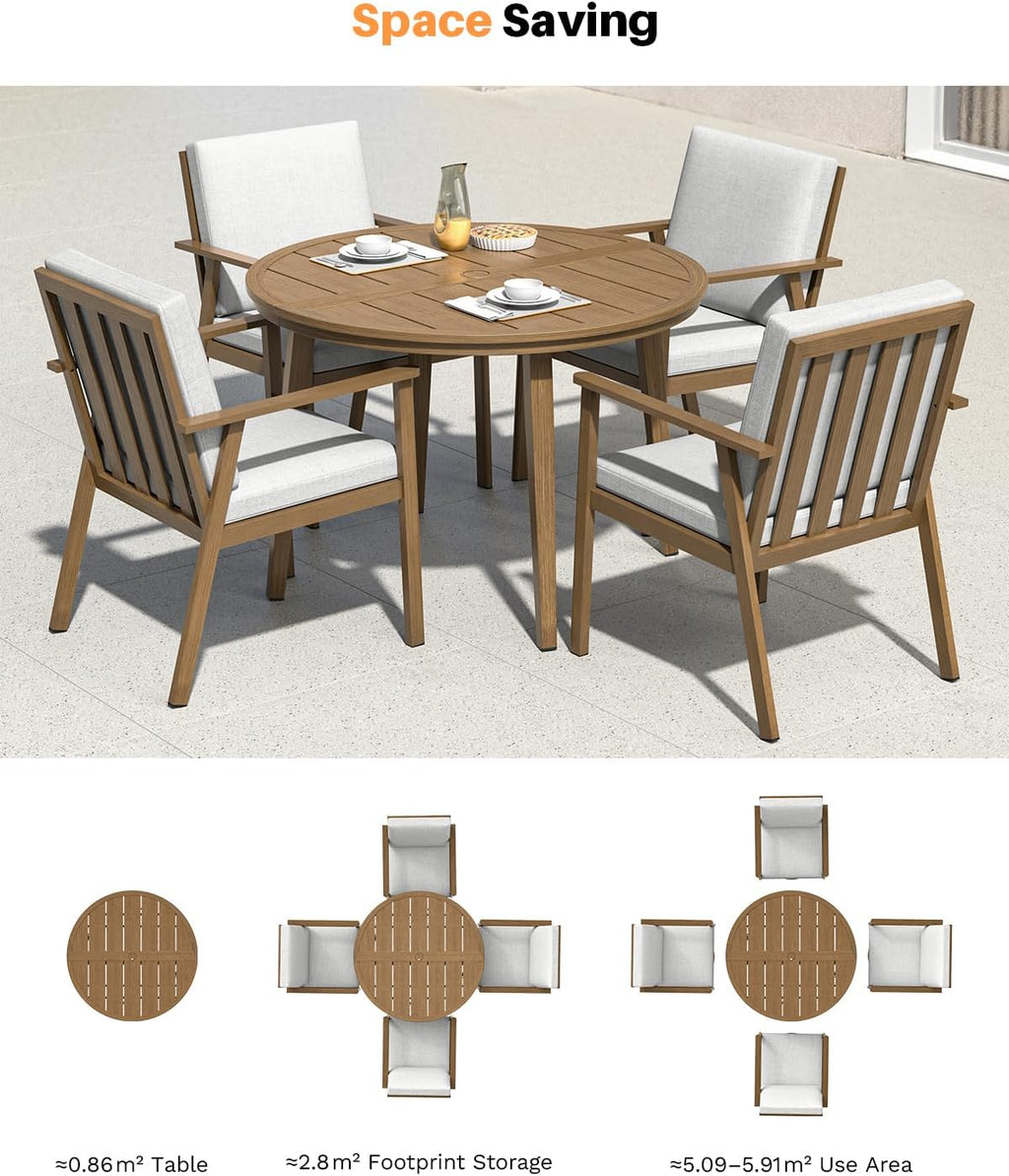 5-Piece Outdoor Patio Dining Set, Aluminum Round Dining Table with 4 Dining Chairs, Never-Rust Round Outdoor Dining Set, Patio Dining Table Set for Yard, Deck, Garden, Teak