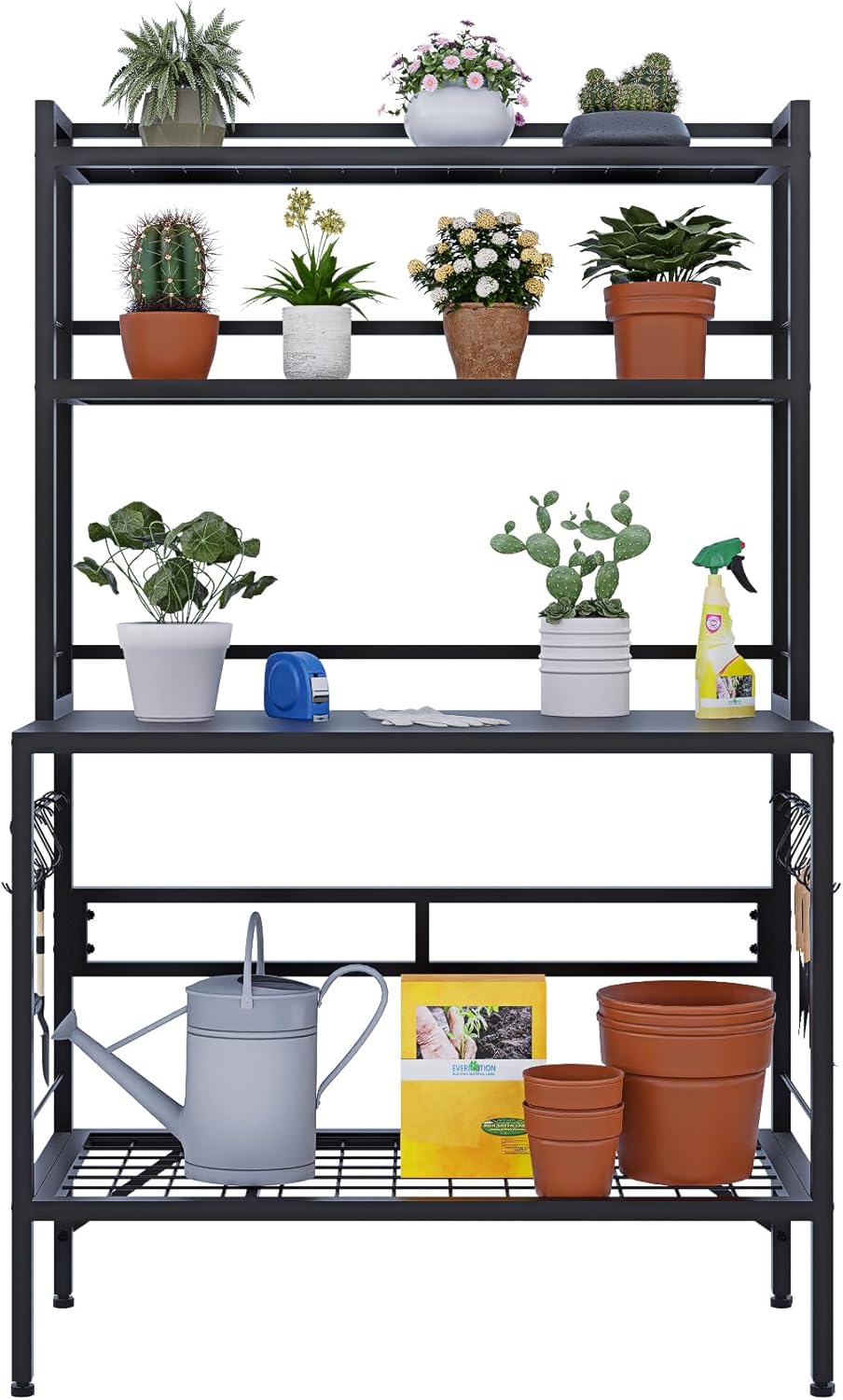 Outdoor Potting Bench Table with Storage, 63' Tall Metal Garden Workstation, 4-Tier Plant Stand Shelves with 8 Hooks, Heavy Duty All-Weather Potting Table for Patio, Backyard, Balcony, Black