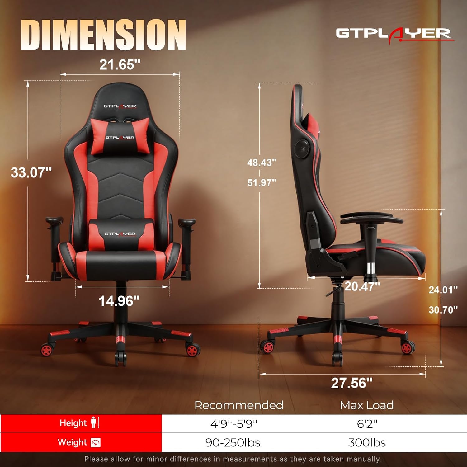 GTPLAYER Gaming Chair with Speakers Bluetooth Music Video Game Chair Audio Ergonomic Design Heavy Duty Office Computer Desk Chair (Red)