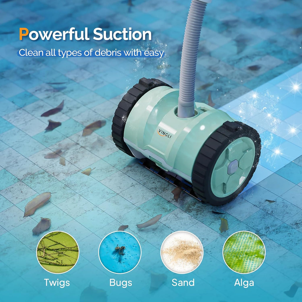 VINGLI Automatic Pool Cleaner for Inground Pools – Suction-Side Pool Vacuum with Powerful Wall-Climbing, 40FT Tangle-Free Hose, Ultra-Quiet Operation – Mint Green & Gray