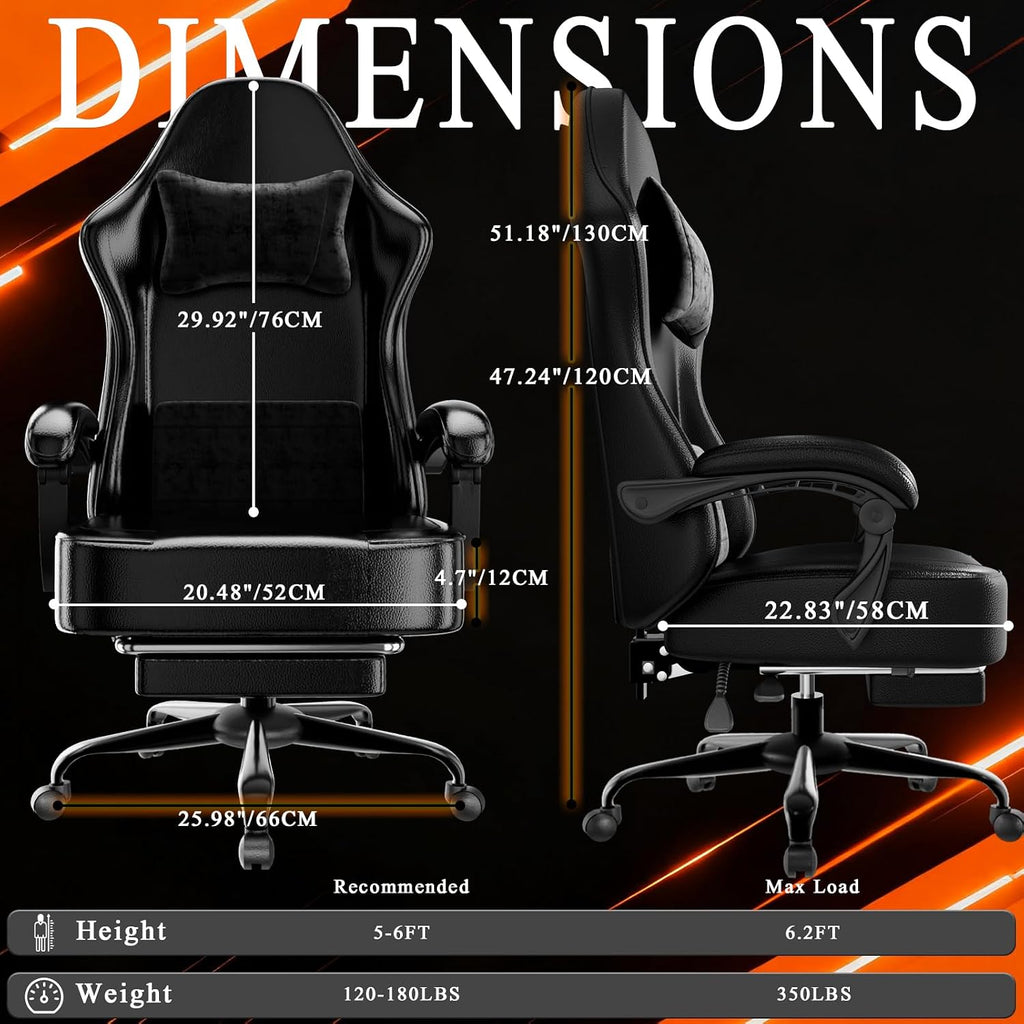 Ergonomic Gaming Chair with Footrest, PU Leather Video Game Chairs for Adults, Comfortable Computer Chair for Heavy People, Reclining Gamer Chair Office Chair with Lumbar Support, Dark Black