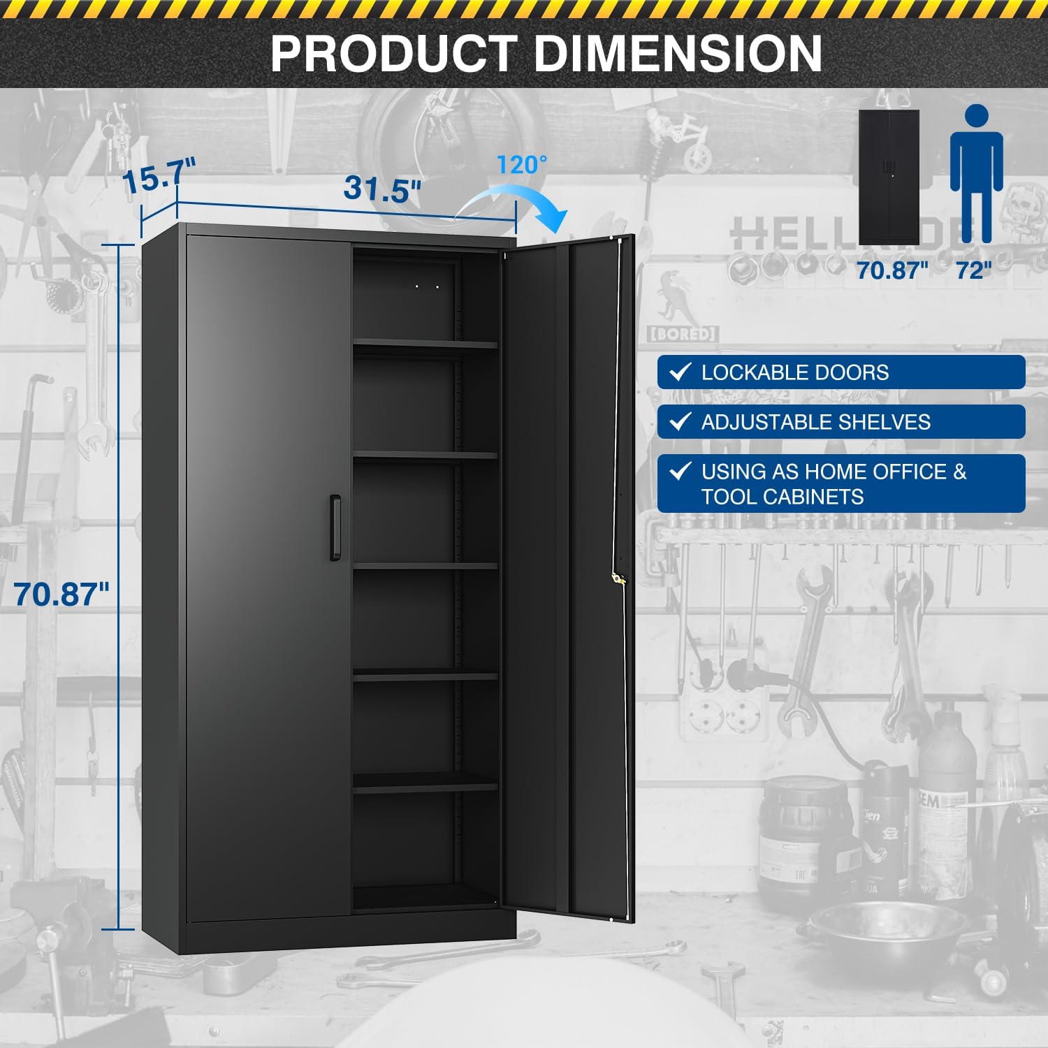 Fesbos Metal Storage Cabinet-71' Tall Steel File Cabinets with Lockable Doors and Adjustable Shelves-Black Steel Storage Cabinet for Home, School, Office, Garage