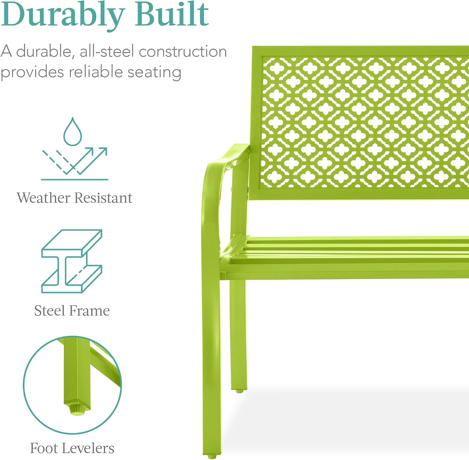 Best Choice Products Outdoor Bench 2-Person Metal Steel Benches Furniture for Garden, Patio, Porch, Entryway w/Geometric Backrest, 790lb Capacity - Lime Green