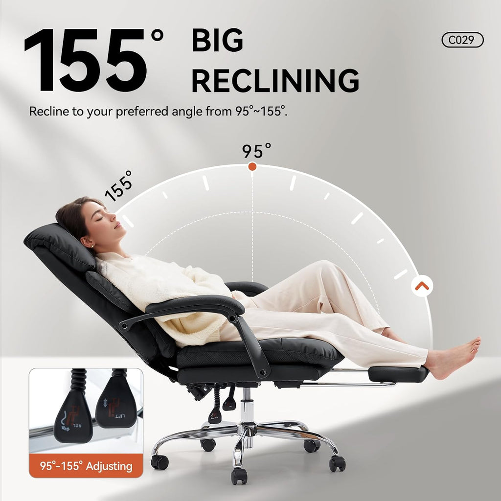 EMIAH Heated and Massage Office Chair with Foot Rest, Executive Office Chair Reclining High Back PU Leather Comfy Swivel Computer Desk Chairs with Wheels and Lumbar Support for Home Office，Black