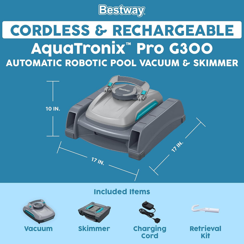 Bestway AquaTronix Pro G300 Automatic Robotic Pool Vacuum and Surface Skimmer Cleaner, Cordless Pool Robot, 120-Min Runtime, Cleans Pool Floor and Waterline, Self-Parking