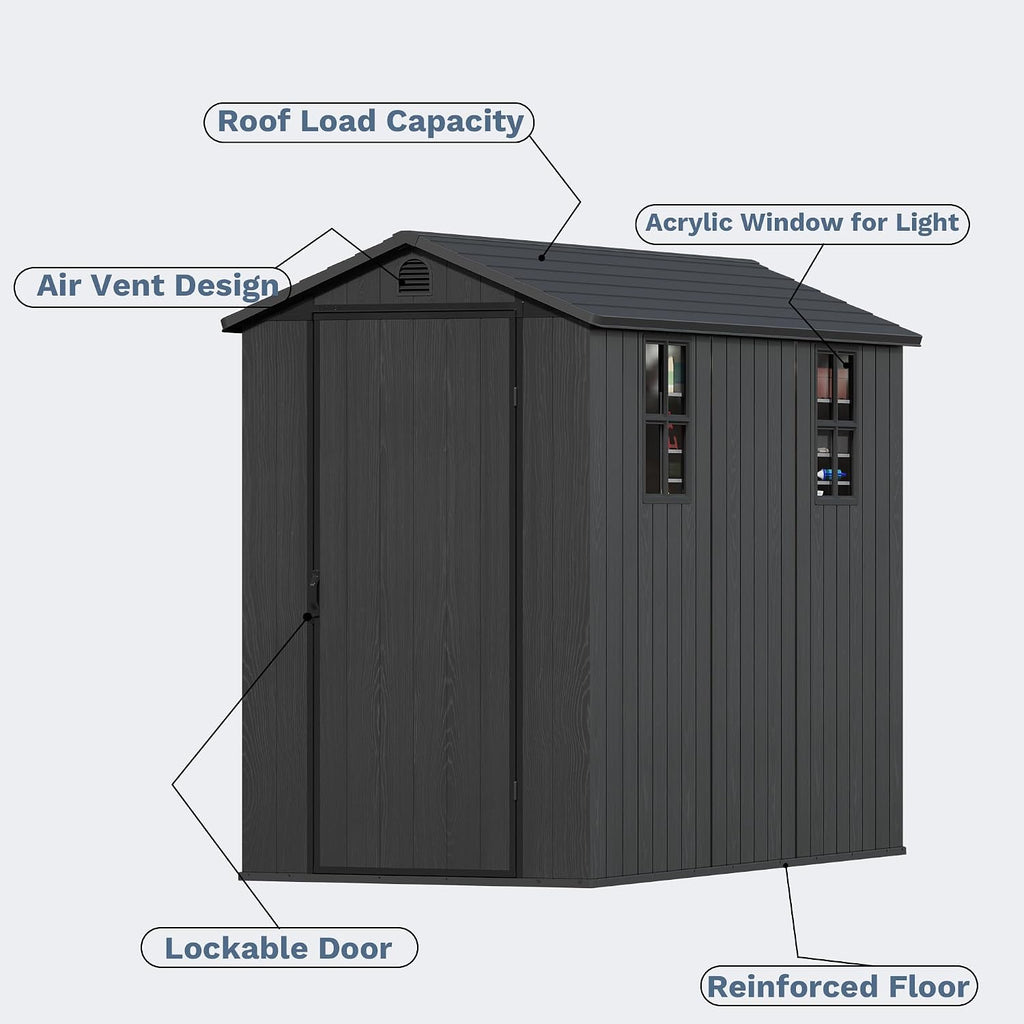 Devoko 4×8 FT Resin Storage Shed with Floor, Garden Plastic Outdoor Shed with Window and Lockable Door, Waterproof Outside Tool shed for Backyard Patio, Dark Grey