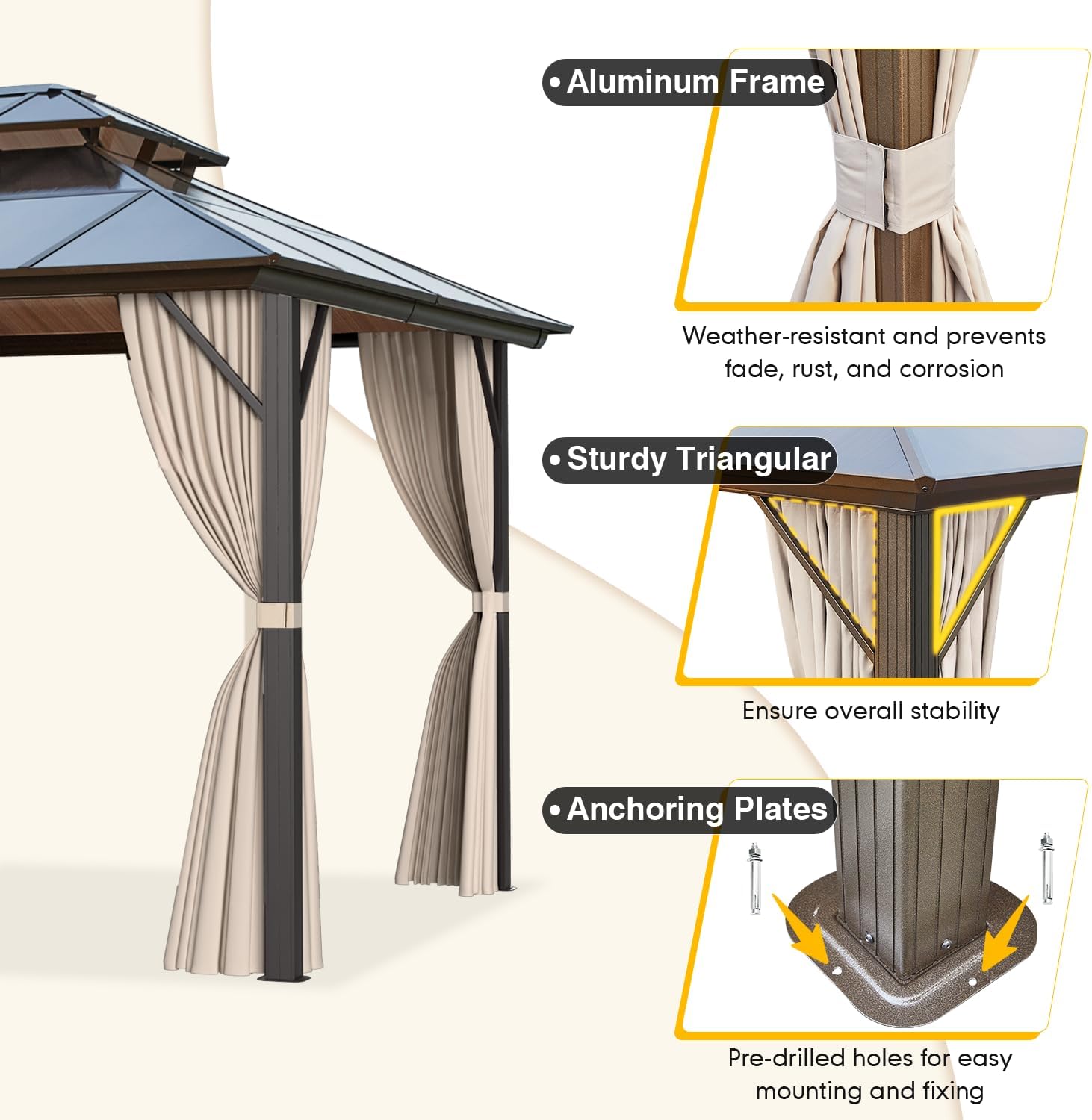 MELLCOM 12'x16' Hardtop Gazebo with Polycarbonate Double Roof, Aluminum Frame Outdoor Gazebos with Curtains and Netting for Garden, Lawn and Patio