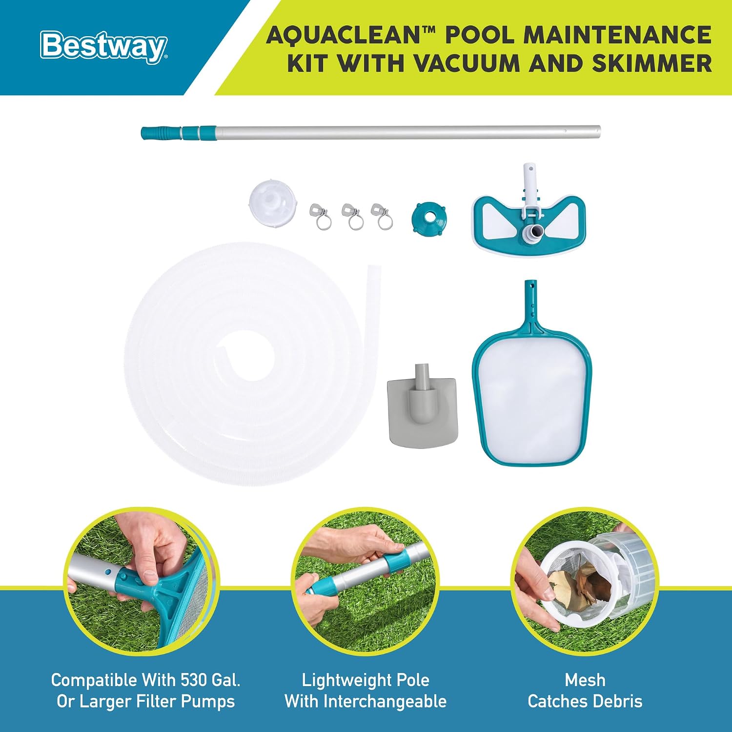 Bestway Basic Pool Cleaning Kit, Includes Pool Vacuum, Skimmer Net, 9' Pole, & Hose, Compatible W/Most Above Ground Pools, Blue