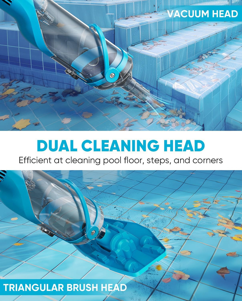 Cordless Pool Vacuum with Telescopic Pole, 18.5 GPM Powerful Suction, 1.5H Supercharge Technology, Handheld Pool Vacuum Cleaner for Above Ground/Inground Pools, Hot Tubs, Sky Blue