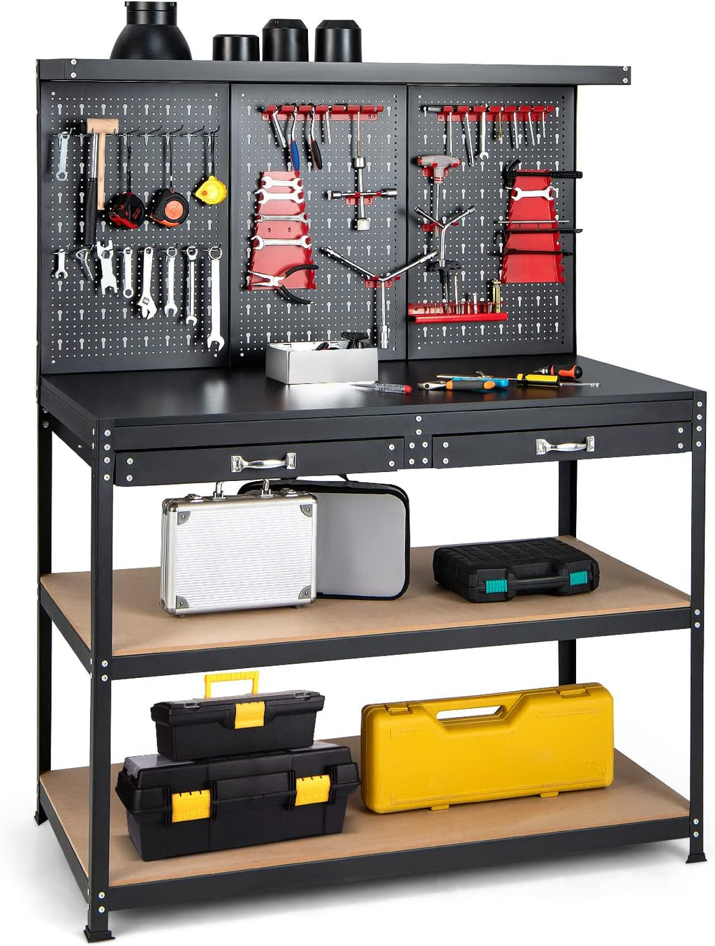 Goplus Work Bench with Storage, 48' x 24' Work Table with Pegboard, 2 Drawers, Hanging Accessories, Topping Space, 4-Tier Heavy Duty Metal Tool Storage Bench, Workbench for Garage, Workshop