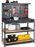 Goplus Work Bench with Storage, 48' x 24' Work Table with Pegboard, 2 Drawers, Hanging Accessories, Topping Space, 4-Tier Heavy Duty Metal Tool Storage Bench, Workbench for Garage, Workshop