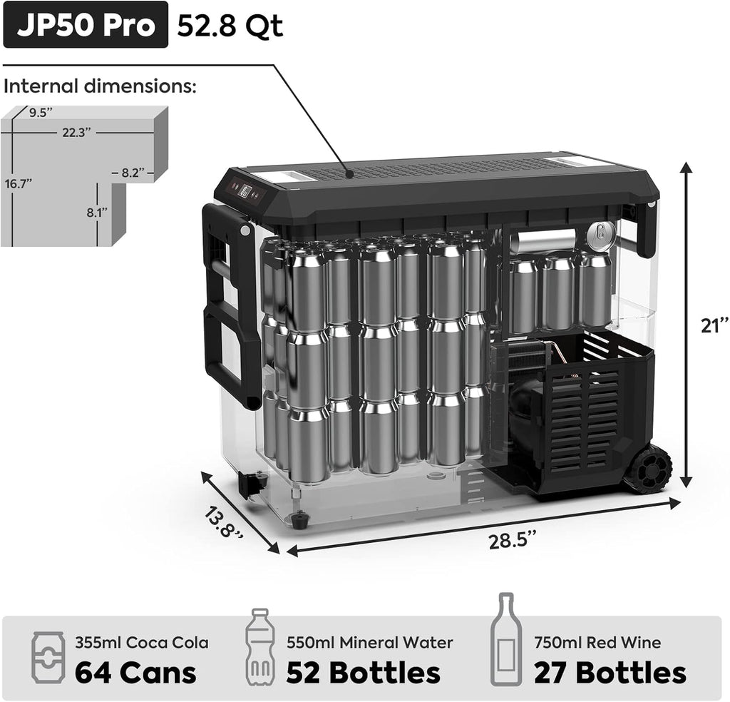 ICECO JP50 Pro Portable Refrigerator with Magnetic Battery,12V Fridge Freezer with Wheels, Car Fridge Powered by SECOP, 51.7 Quart Cooler -4℉～68℉, DC 12/24V, AC 110/240V, Refrigerator for Car&Home