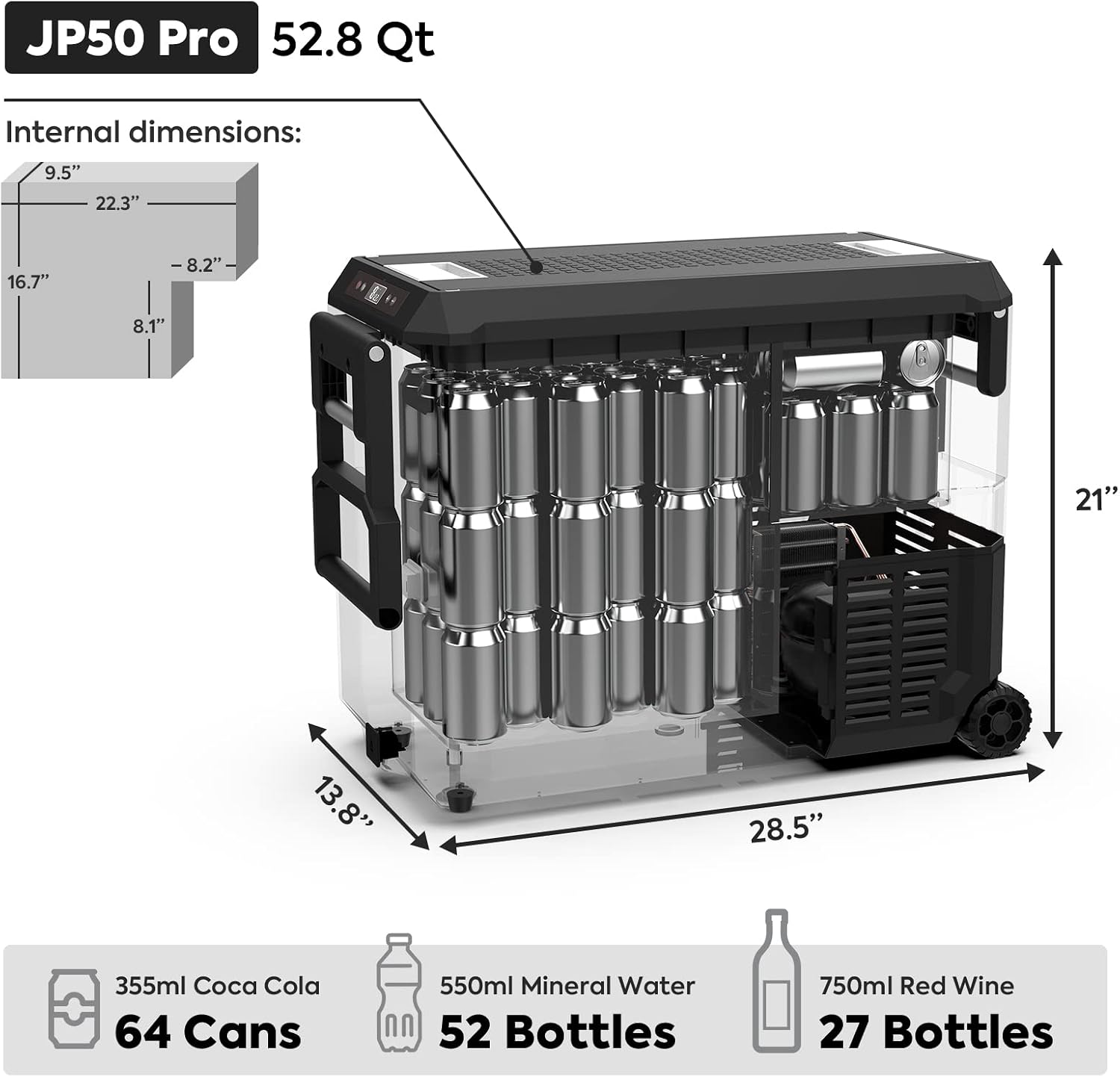 ICECO JP50 Pro Portable Refrigerator with Magnetic Battery,12V Fridge Freezer with Wheels, Car Fridge Powered by SECOP, 51.7 Quart Cooler -4℉～68℉, DC 12/24V, AC 110/240V, Refrigerator for Car&Home
