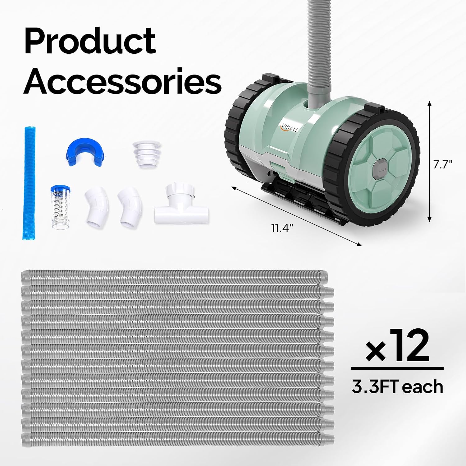 (2025 Upgrade) VINGLI Automatic Suction-Side Pool Vacuum Cleaner, Powerful Wall-Climbing Sweeper for Inground Pools, Includes 39.6ft Tangle-Free Hose (Green&Gray)