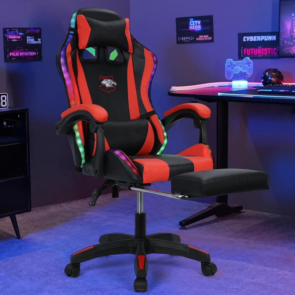 Gaming Chair,Computer Chair with Footrest and Lumbar Support,Height Adjustable Game Chair with 360° Swivel Seat and Headrest for Office&Gaming,Office Chair with Bluetooth Speakers&LED Lights (Red)
