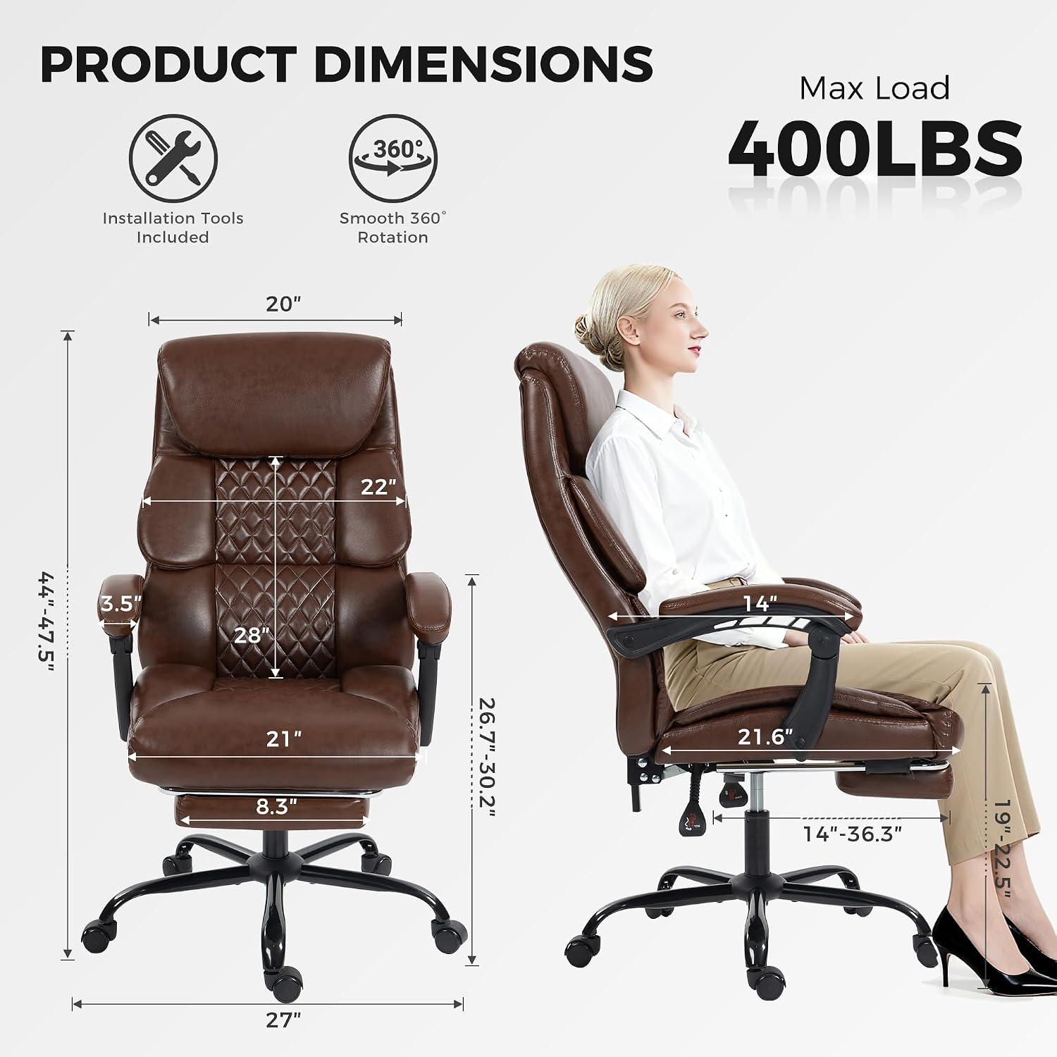 Office Chair, Executive High Back Leather Home Office Desk Chair with Footrest & Lumbar Support - Ergonomic Reclining Comfortable Wide Swivel Rolling Gaming Computer Chair 90-135° Adjustable Tilt Lock