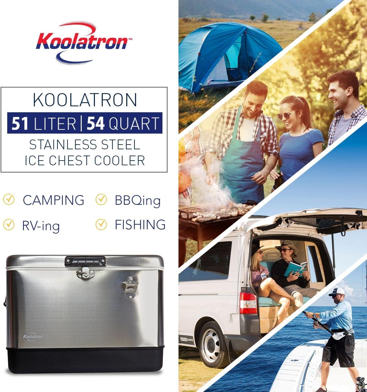Koolatron Ice Chest Cooler - Portable Ice Bucket with Bottle Opener, Vintage Style, Insulated for Camping, Beach, Picnic, RV, BBQs, Tailgating, Fishing, Stainless Steel 85 Can Ice Box, 51L (54 qt)