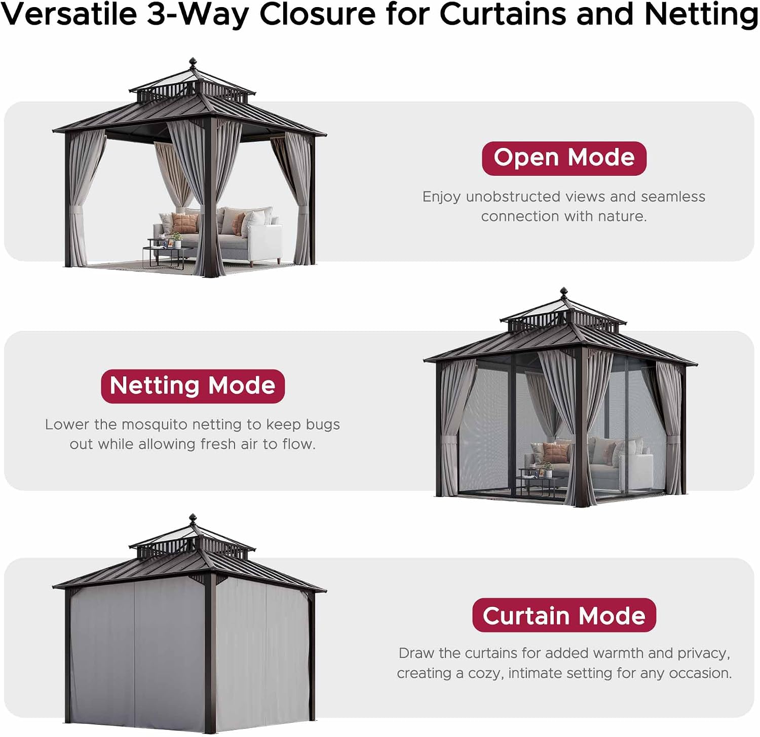 SUNJOY Kingston 10' x 10' Hardtop Gazebo with Galvanized Steel/Polycarbonate Double Roof, Curtain and Netting, Brown Aluminum Posts Permanent Pavilion Gazebo for Garden, Patio, Deck, Lawn