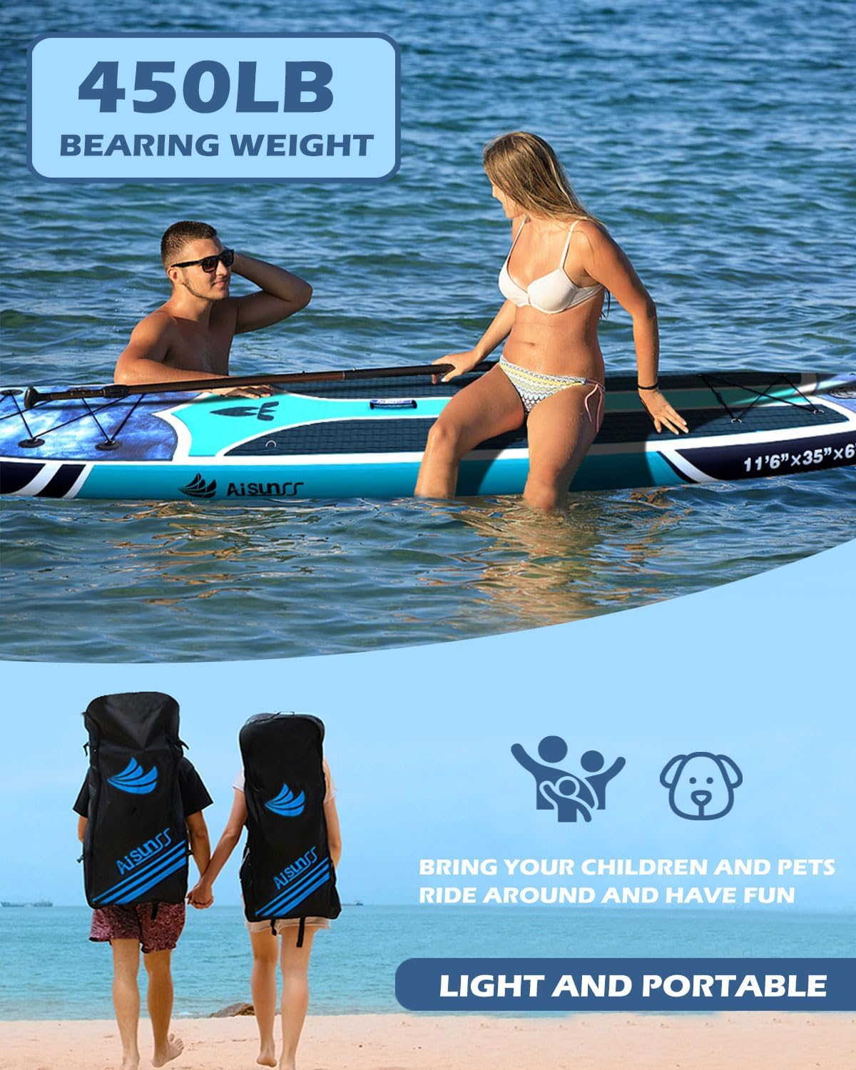11'6''x35'' Super Wide Inflatable Paddle Board, 450lb Capacity Premium Stable SUP Board for 2+1 People/Family w/100L Backpack, Dual-Action Pump, Safety Leash
