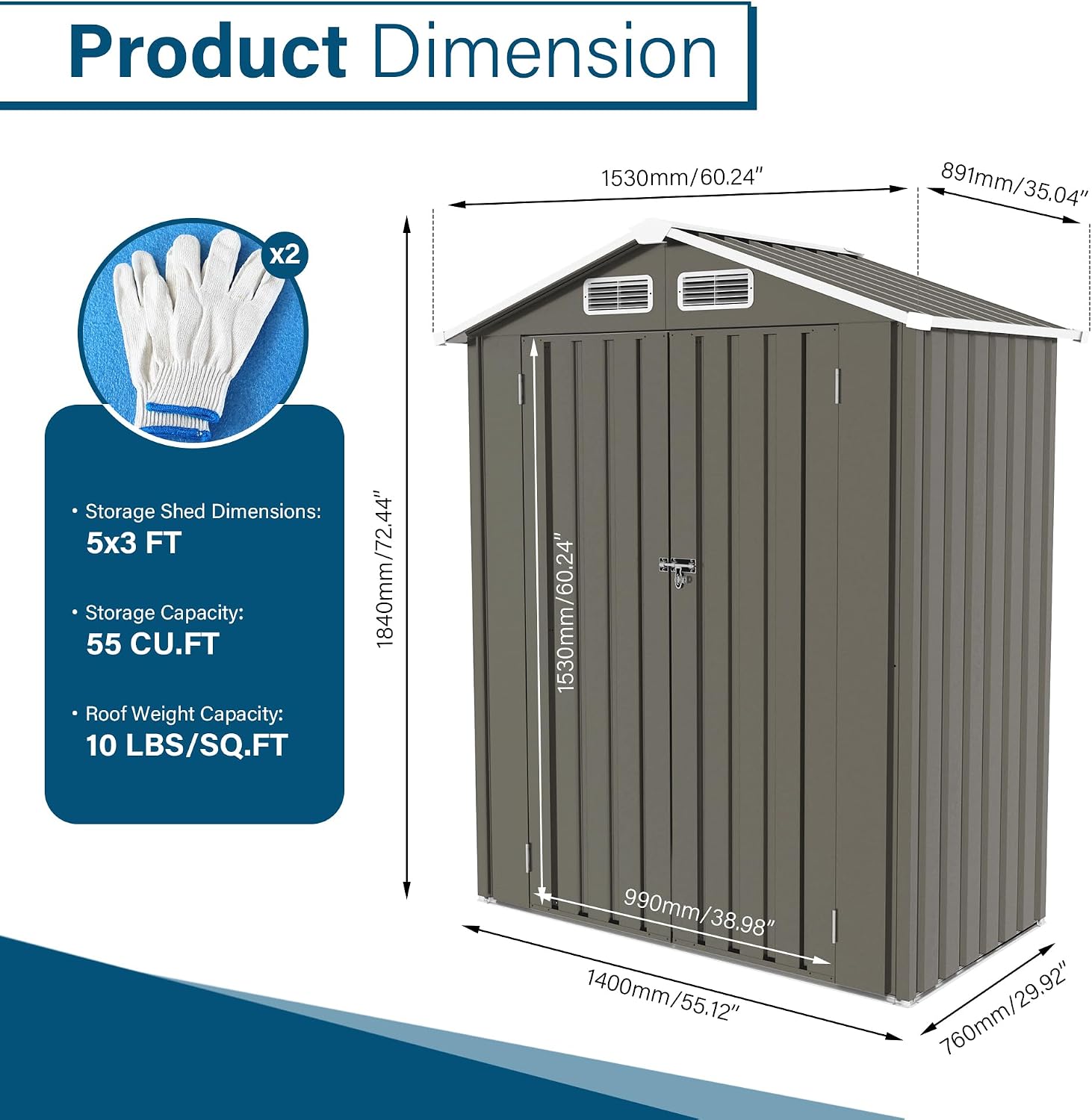 YOPTO 5X3 FT Metal Outdoor Storage Shed,Waterproof Backyard House Buildings with Pitched Roof and Lockable Door,Tool Sheds w/Vents,for Garden Garbage Enclosure,Gray