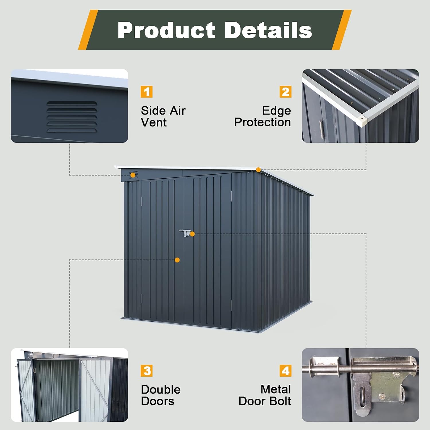 6x8FT Outdoor Storage Shed with Lockable Double Doors, Metal Lean to Garden Shed with Free PC Light Board for Tools, Small Outside Storage Shed Waterproof for Backyard, Garden, Patio