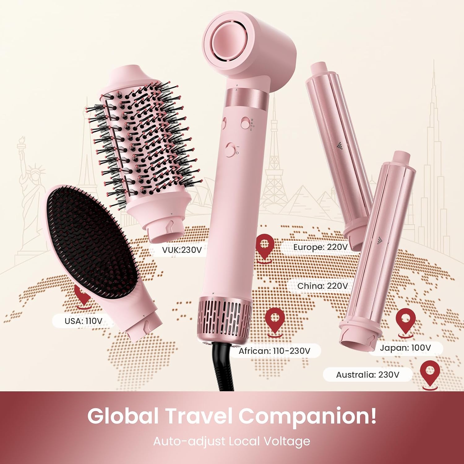 MESCOMB Dual Voltage Hair Dryer Brush - 5 in 1 Hot Air Styler Wrap with Auto Wrap Curlers, Fast Drying, Straightening & Volumizing, 100V–240V Global Travel with Storage Bag-Peach Pink