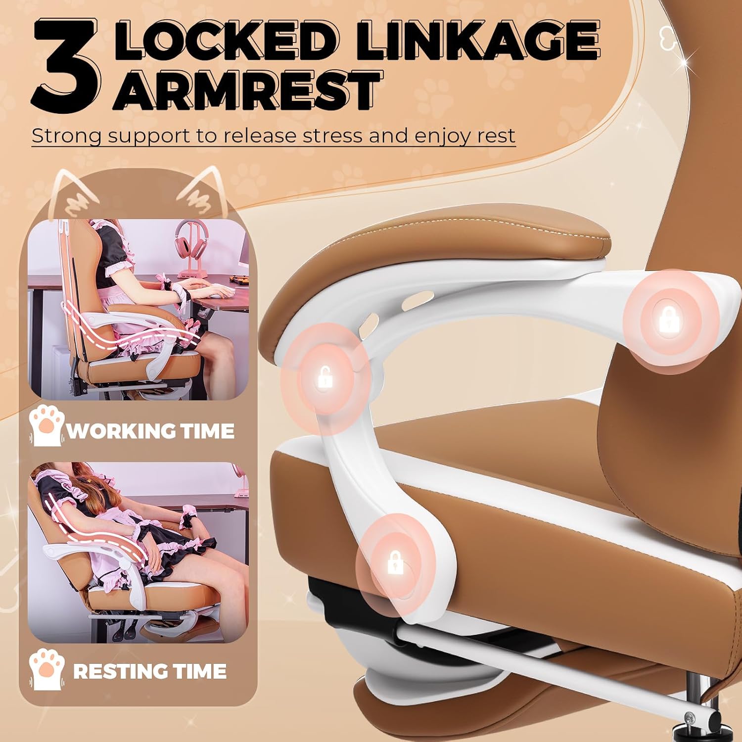 GTPOFFICE Cute Gaming Chair with Cat Ears, Ergonomic Computer Chair with Footrest Cat Paw Lumbar Support Comfortable Reclining Game Chair Desk Chair for Adult Teens, Soft Fabric, Brown