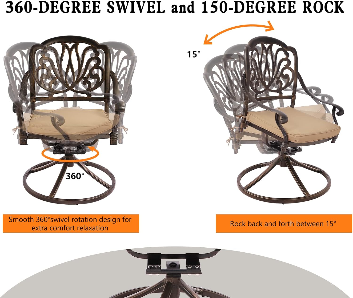 Grepatio 5 Piece Outdoor Dining Set Cast Aluminum Patio Dining Set Table and Chairs Outside Furniture 4 Swivel Chairs with Cushion and 1 Umbrella Hole Round Dining Table for Lawn Garden Patio (Khaki)