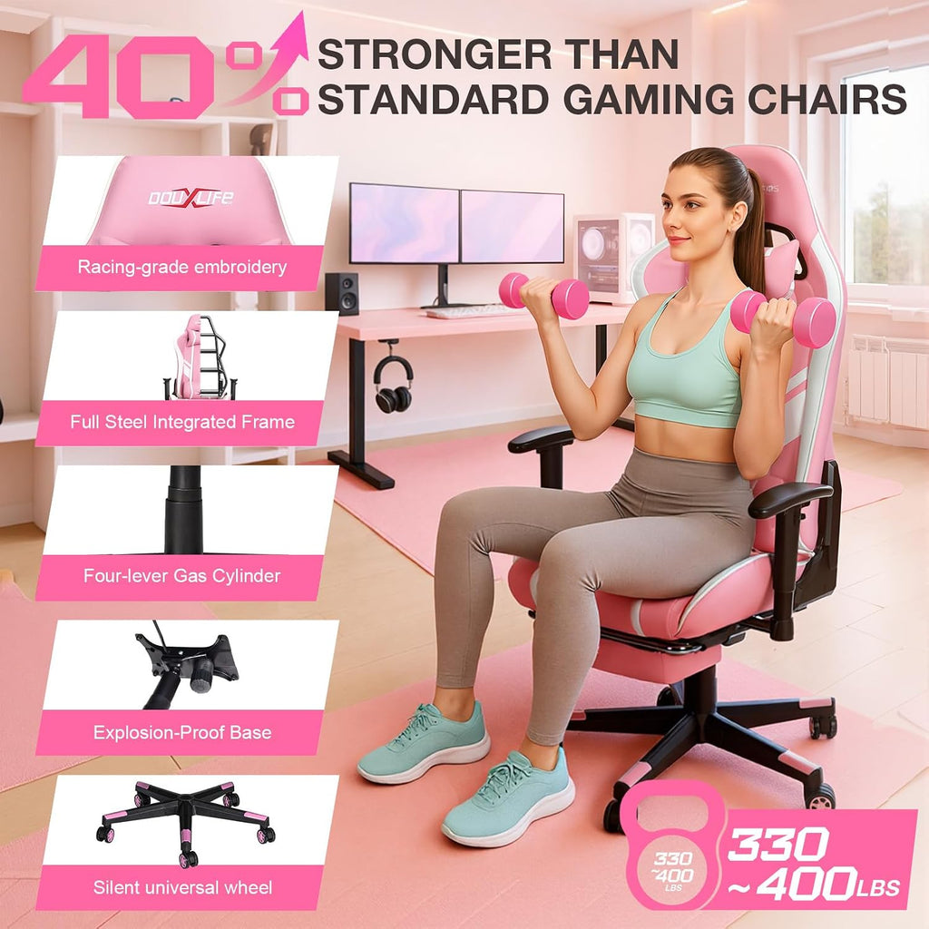 Douxlife 7-Point Massage Gaming Chair with Footrest, 400lbs Heavy Duty Ergonomic Computer Chair, 175° Reclining High Back Racing Seat for Adults with Adjustable Armrests & Lumbar Support, Pink